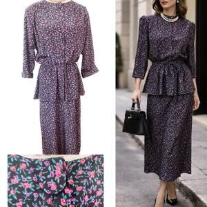 Vintage Stuart Allen ditsy floral peplum 3/4 sleeve secretary dress size S-M-L